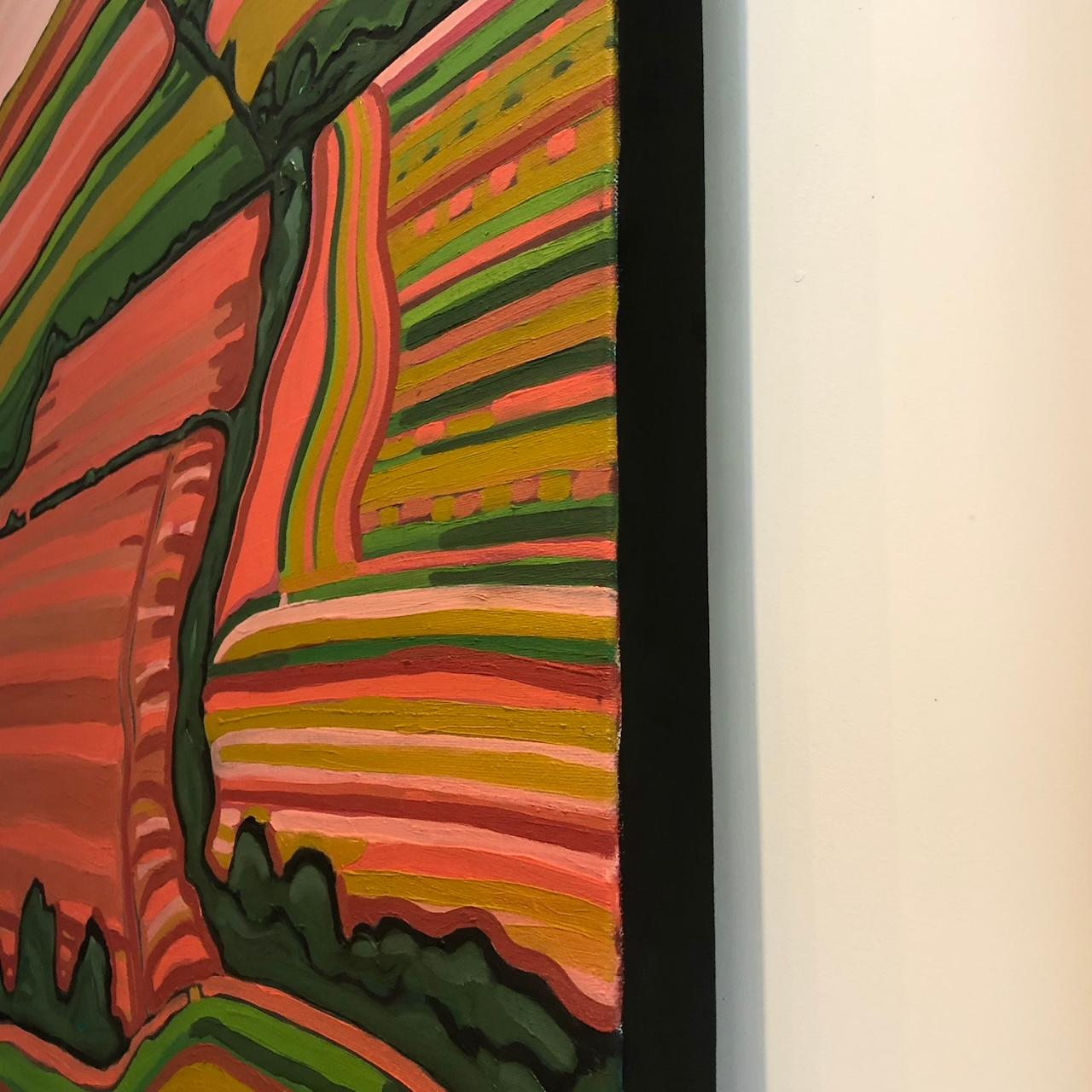 Peinture originale, collines, paysage, champs, arbres, orange - Painting de Alexa Roscoe