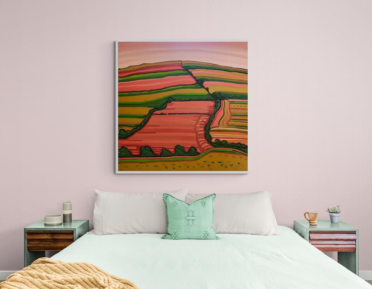 Striped Fields, Original Painting, Hills, Landscape, Fields, Trees, Orange For Sale 1
