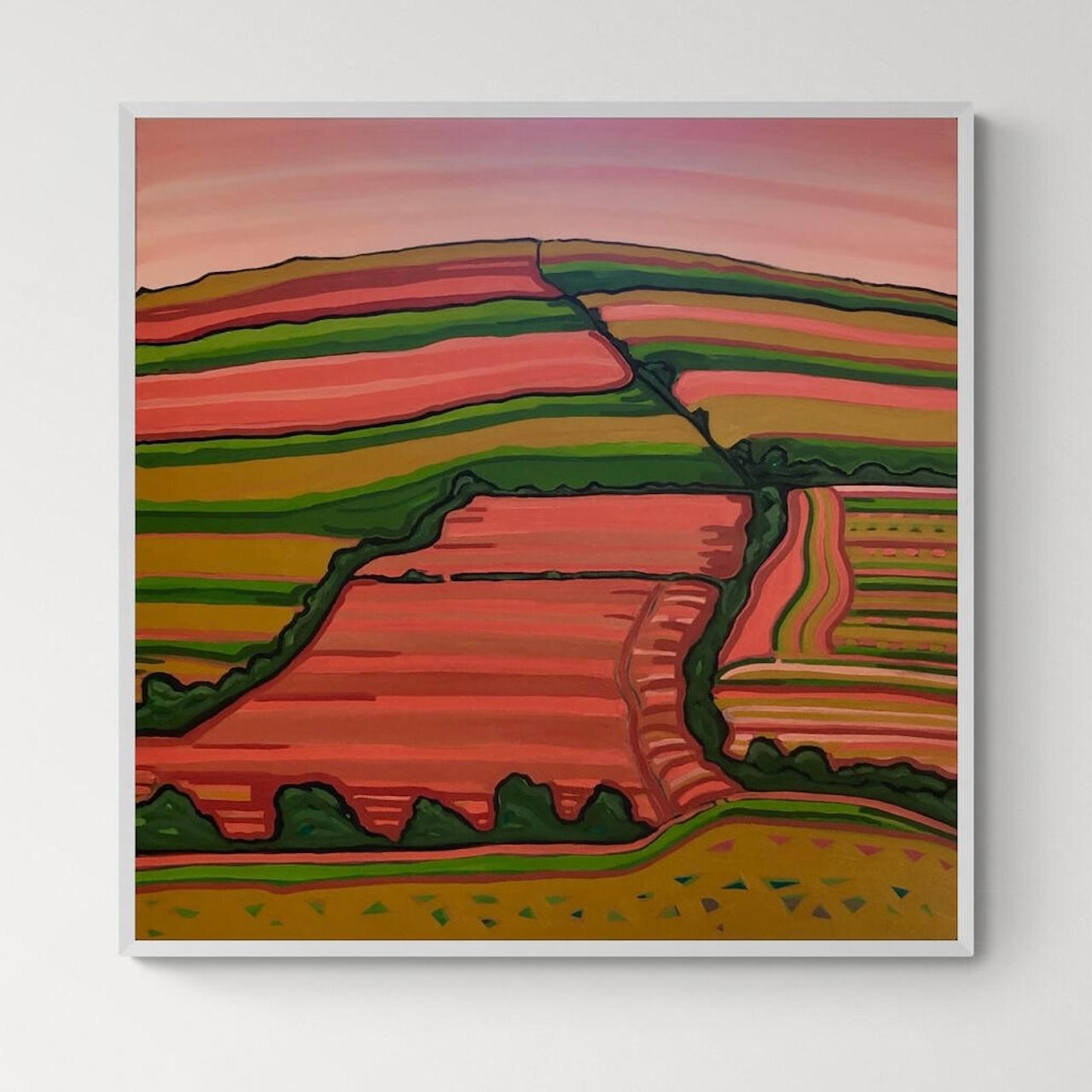 Peinture originale, collines, paysage, champs, arbres, orange - Orange Still-Life Painting par Alexa Roscoe