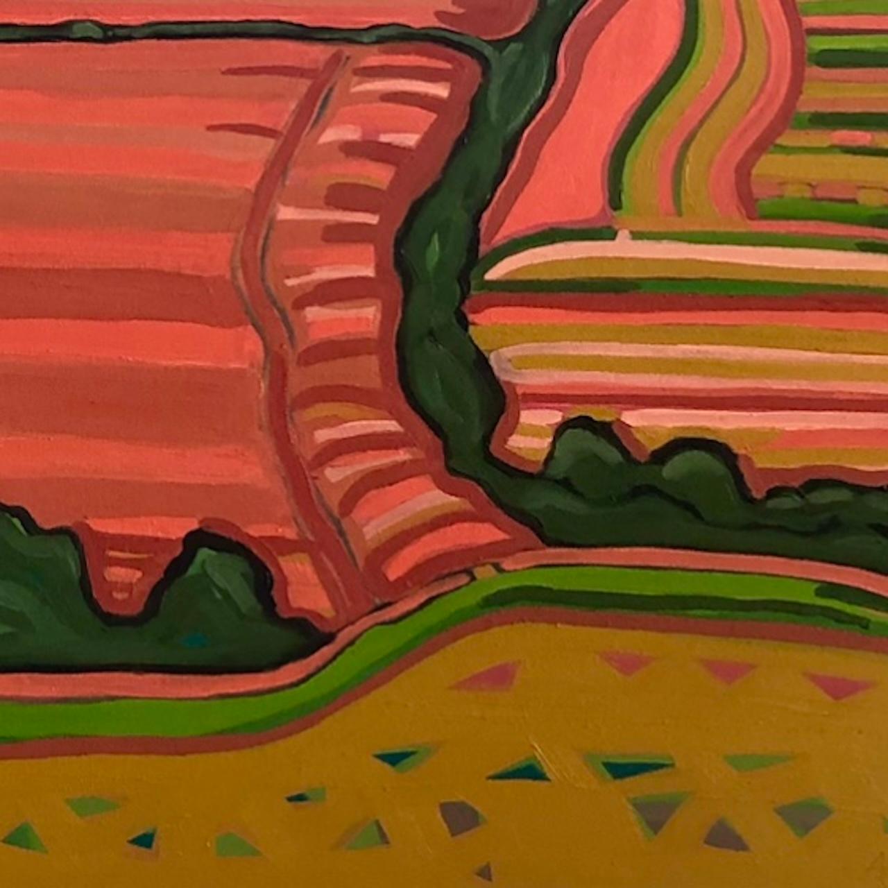 Striped Fields, Original Painting, Hills, Landscape, Fields, Trees, Orange For Sale 3