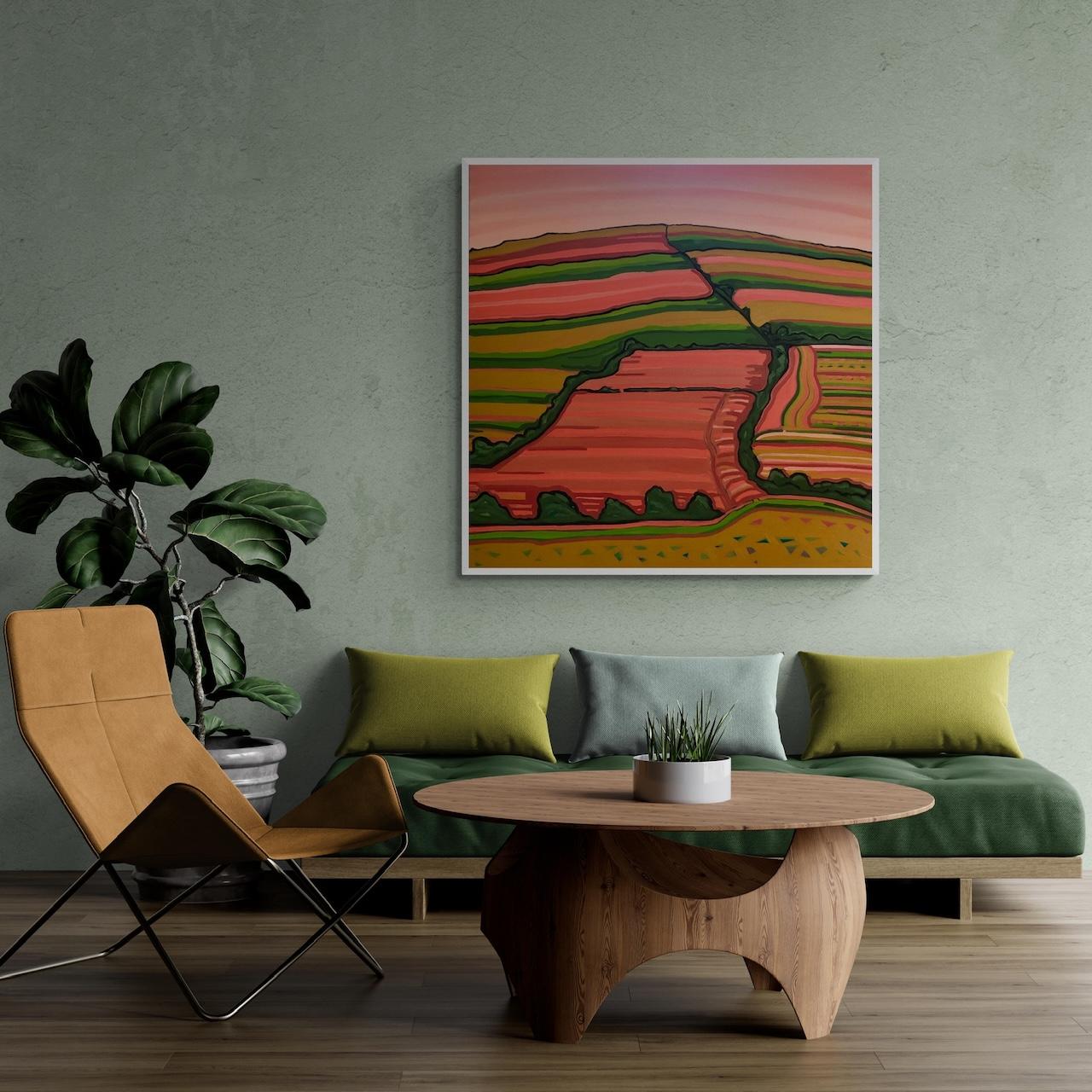 Striped Fields, Original Painting, Hills, Landscape, Fields, Trees, Orange For Sale 4
