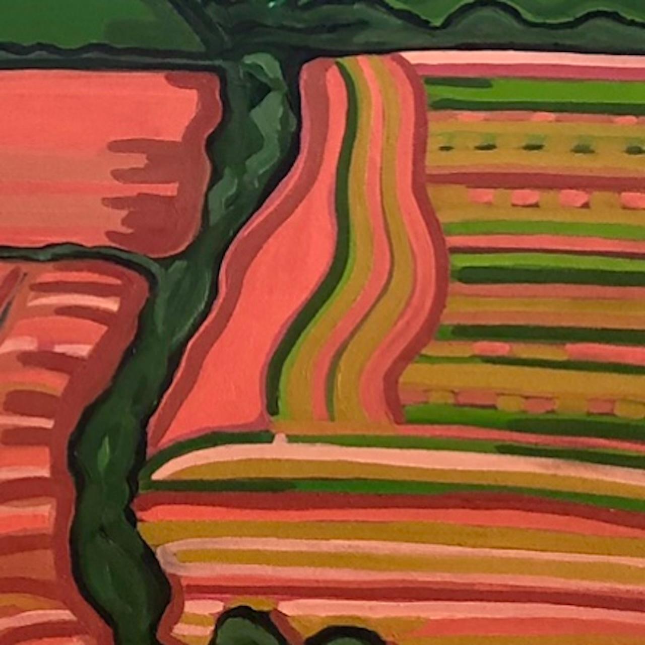 Peinture originale, collines, paysage, champs, arbres, orange en vente 3