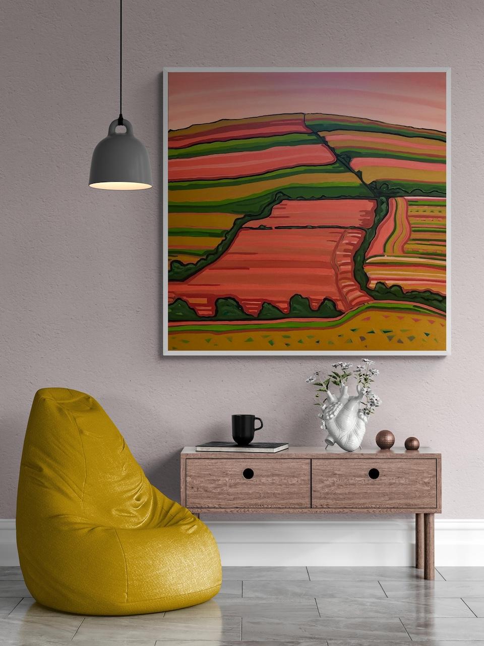 Striped Fields, Original Painting, Hills, Landscape, Fields, Trees, Orange For Sale 7