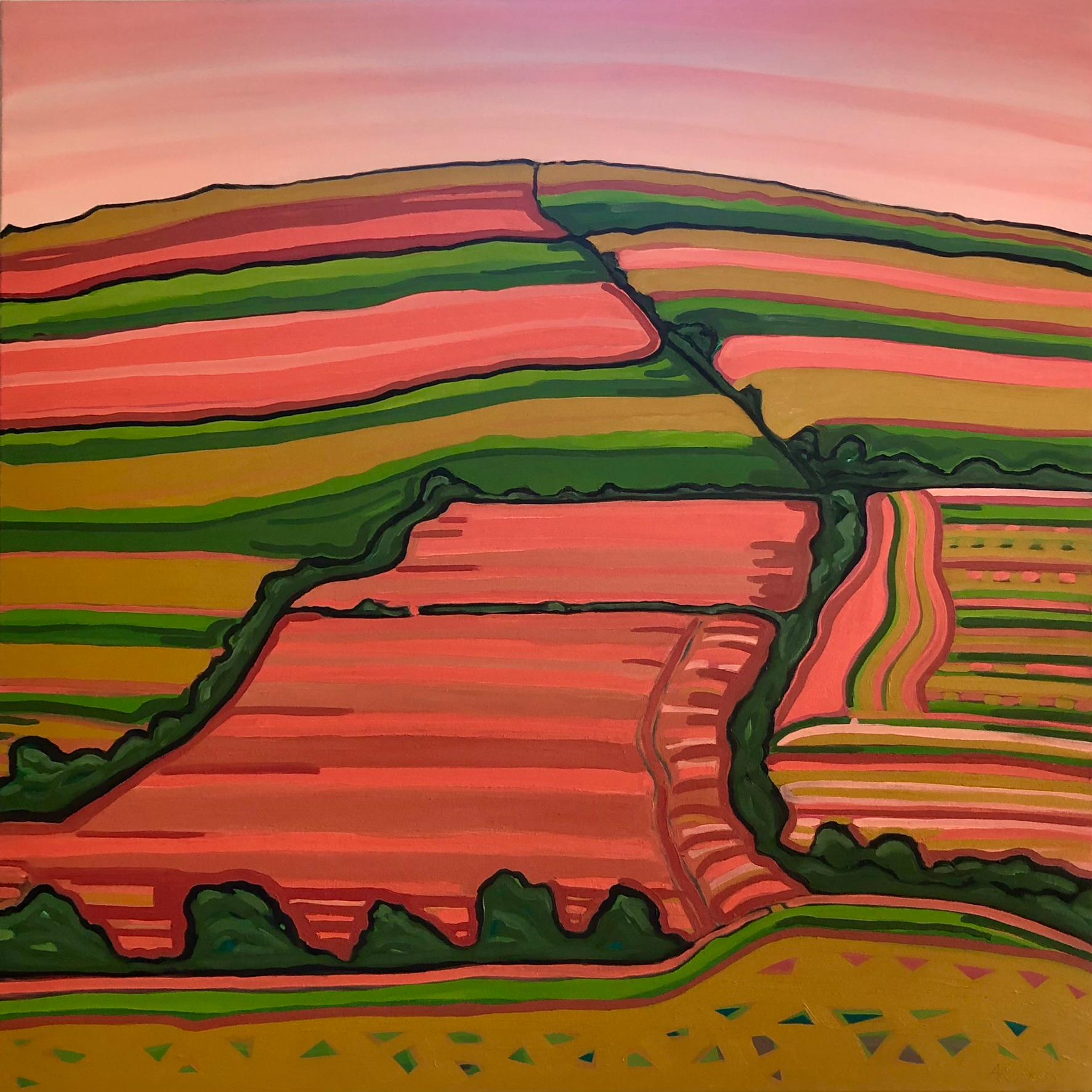 Still-Life Painting Alexa Roscoe - Peinture originale, collines, paysage, champs, arbres, orange