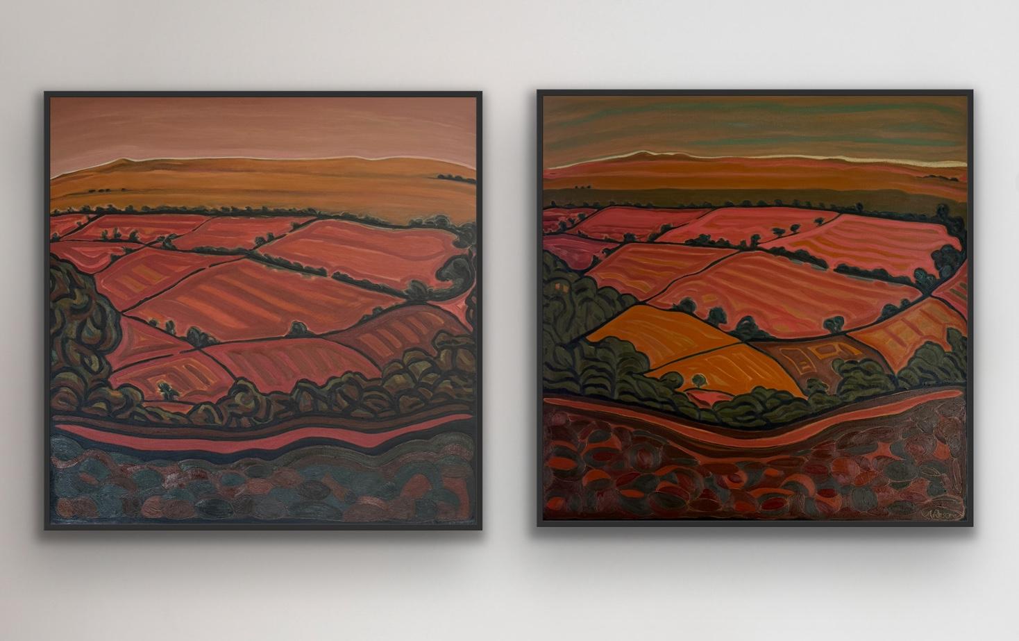Walking in Devon no 2 & 3, diptych, Abstract, Contemporary, landscape, nature - Painting by Alexa Roscoe