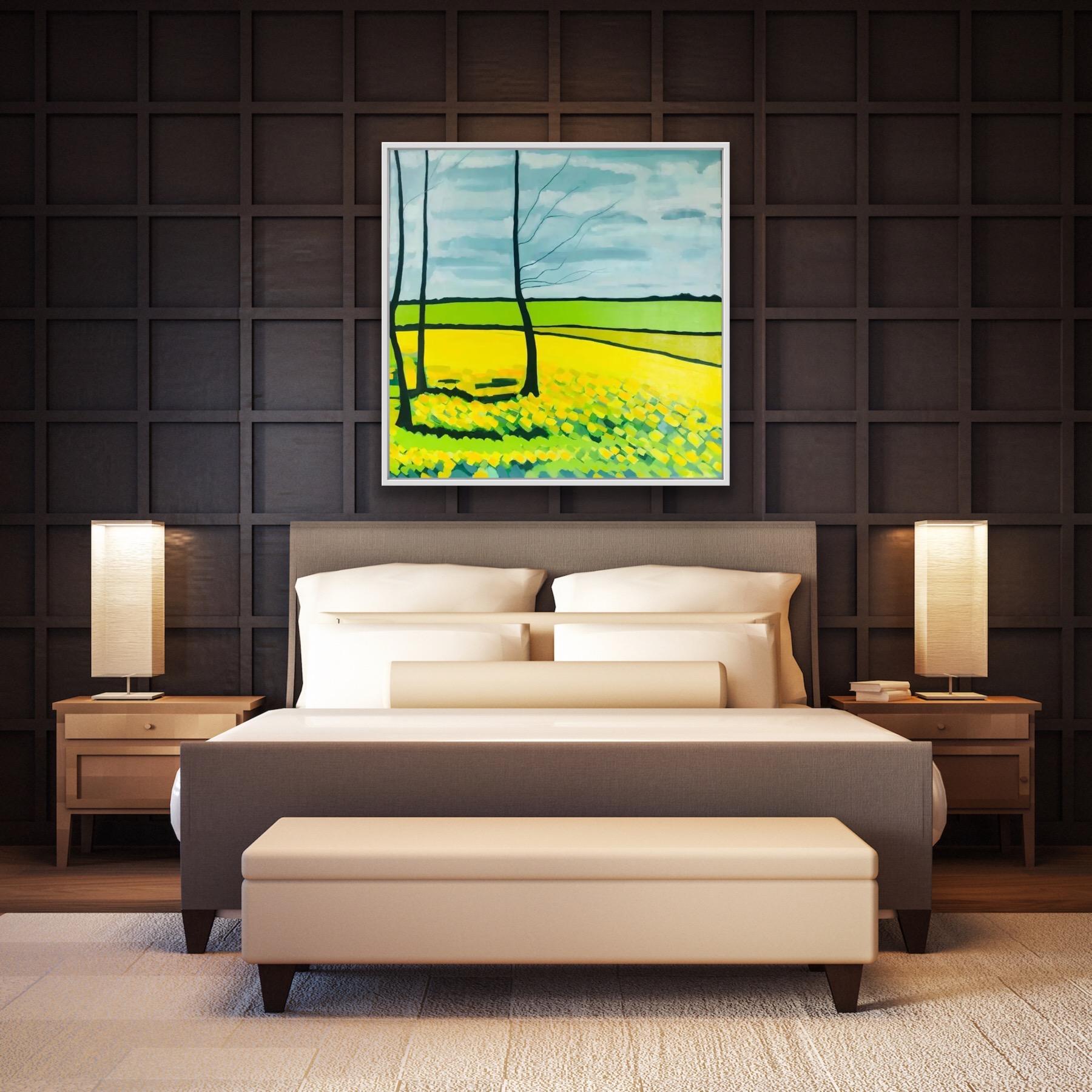 Yellow Fields n°3, peinture originale, collines, paysage, champs, arbres, jaune en vente 5
