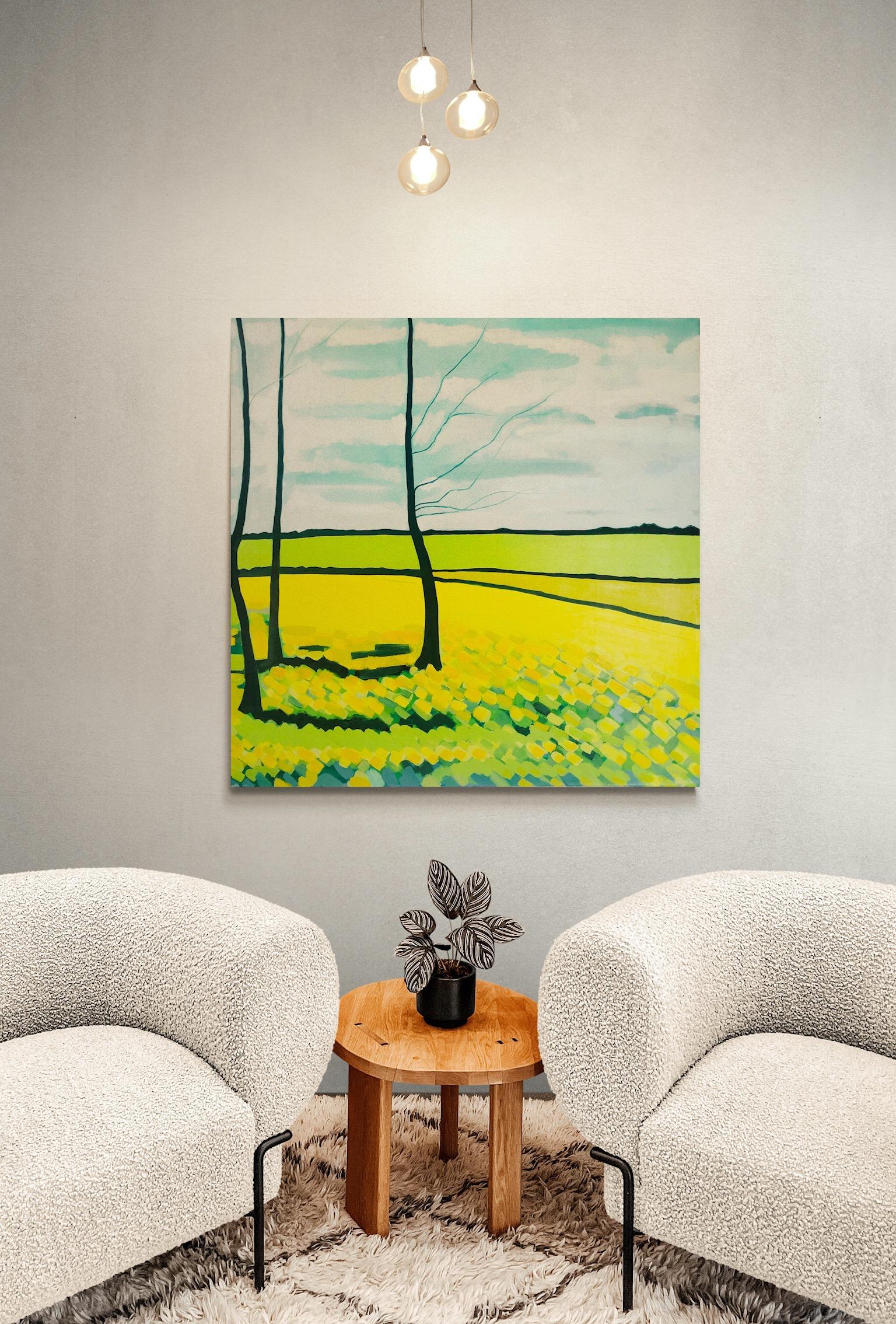 Yellow Fields n°3, peinture originale, collines, paysage, champs, arbres, jaune - Painting de Alexa Roscoe