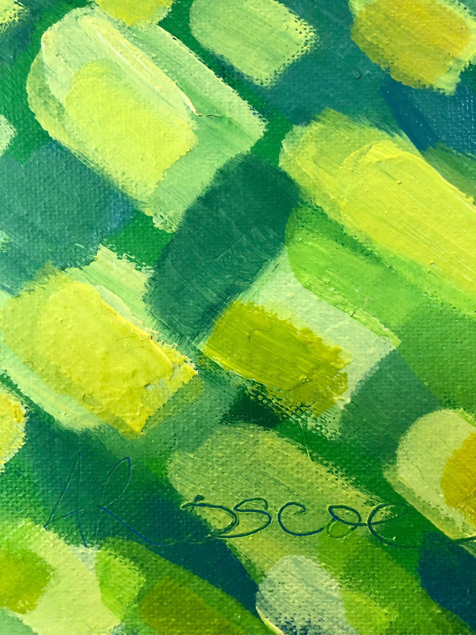 Yellow Fields n°3, peinture originale, collines, paysage, champs, arbres, jaune - Contemporain Painting par Alexa Roscoe