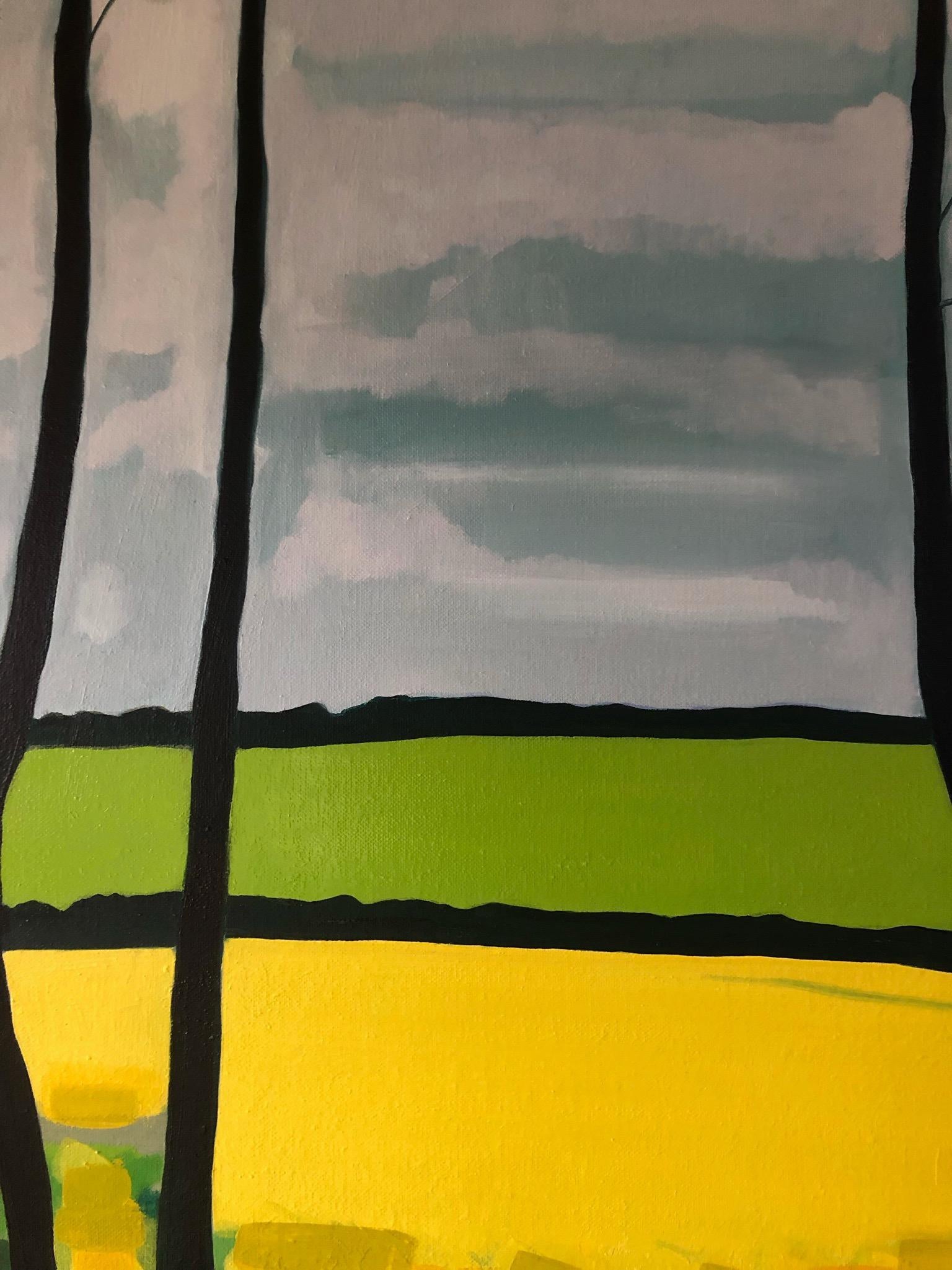 Yellow Fields n°3, peinture originale, collines, paysage, champs, arbres, jaune - Vert Still-Life Painting par Alexa Roscoe