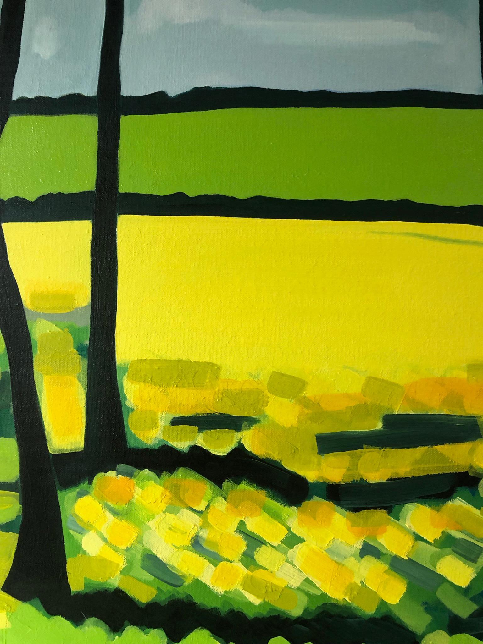 Yellow Fields no.3 est une peinture à l'huile originale de l'artiste Alexa Roscoe. Dans cette peinture audacieuse et vibrante. Alexa a capturé la profondeur de vue des champs encadrés par les lignes sombres des arbres. Les arbres en forme de