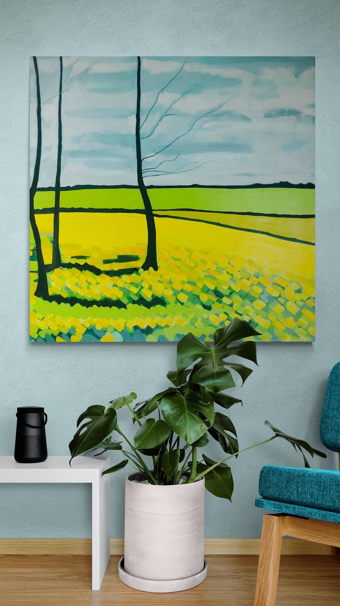 Yellow Fields n°3, peinture originale, collines, paysage, champs, arbres, jaune en vente 1