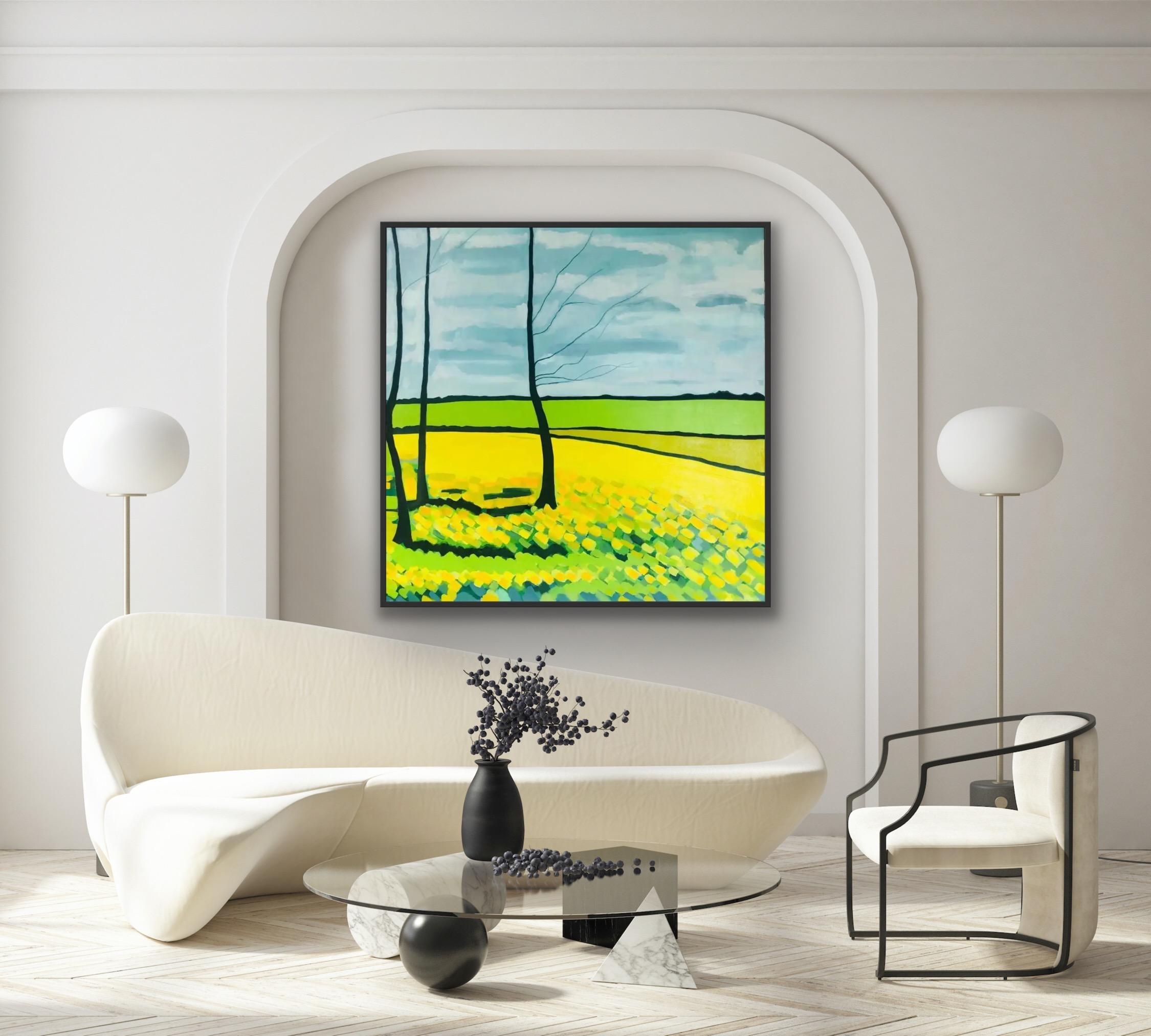 Yellow Fields n°3, peinture originale, collines, paysage, champs, arbres, jaune en vente 3