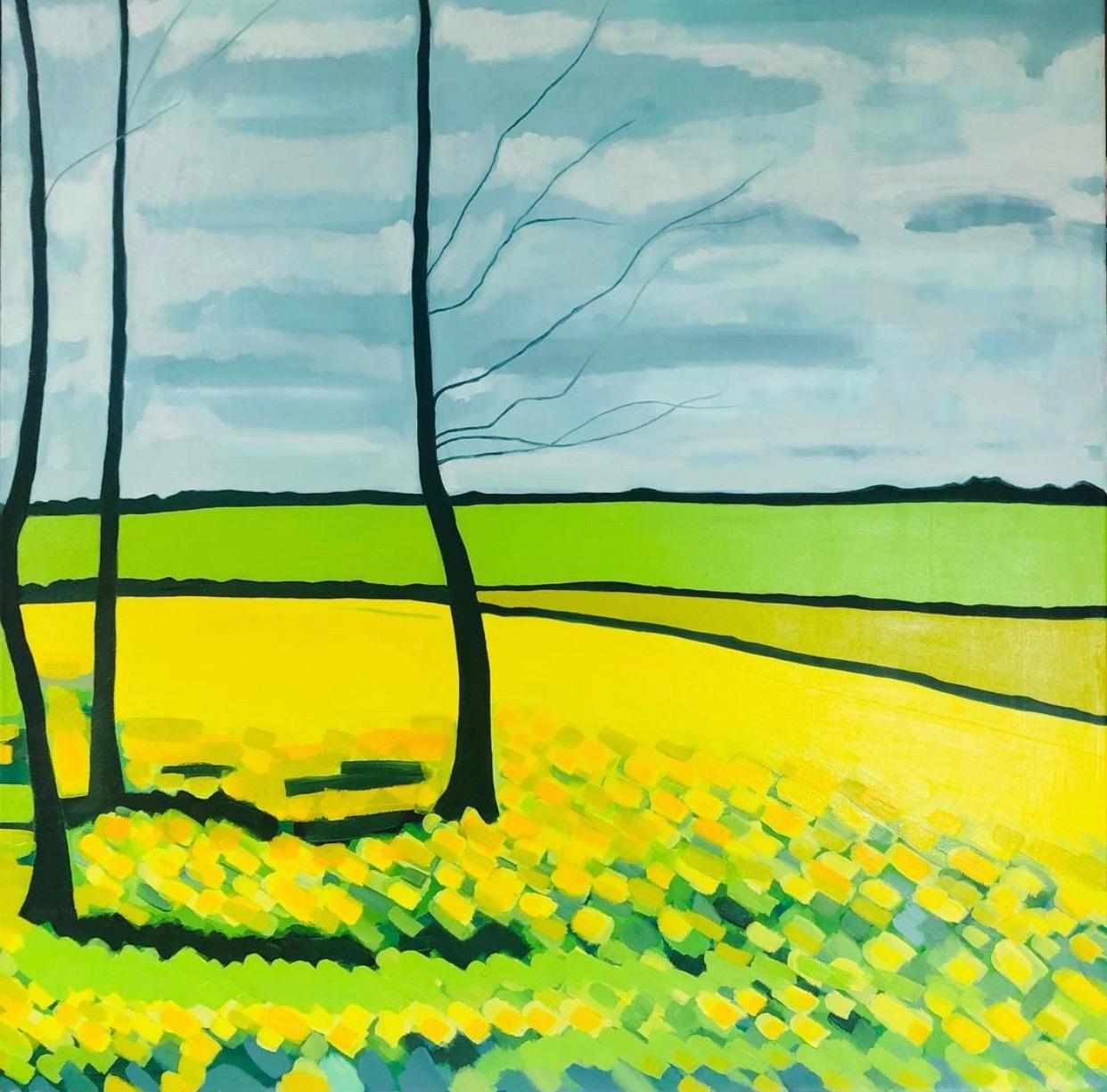 Yellow Fields n°3, peinture originale, collines, paysage, champs, arbres, jaune