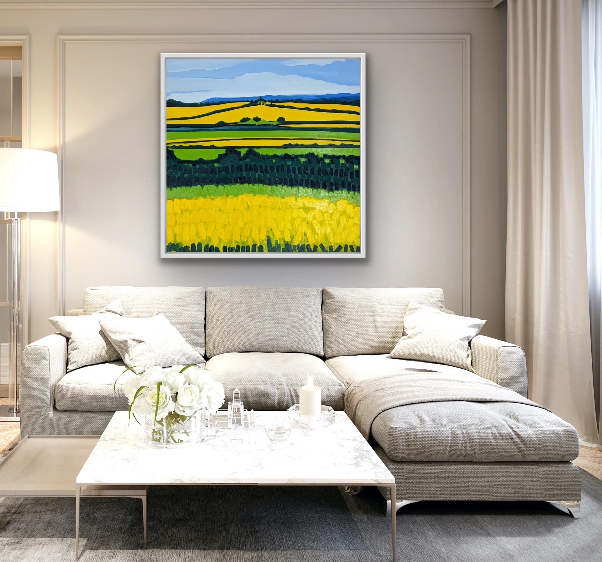 Yellow Hill No.1 is an original painting by artist Alexa Roscoe. Featuring a patchwork field landscape. Alexa Roscoe paints using bold colours and a graphic use of line and you can see this in her considered composition Alexa studied printed textile
