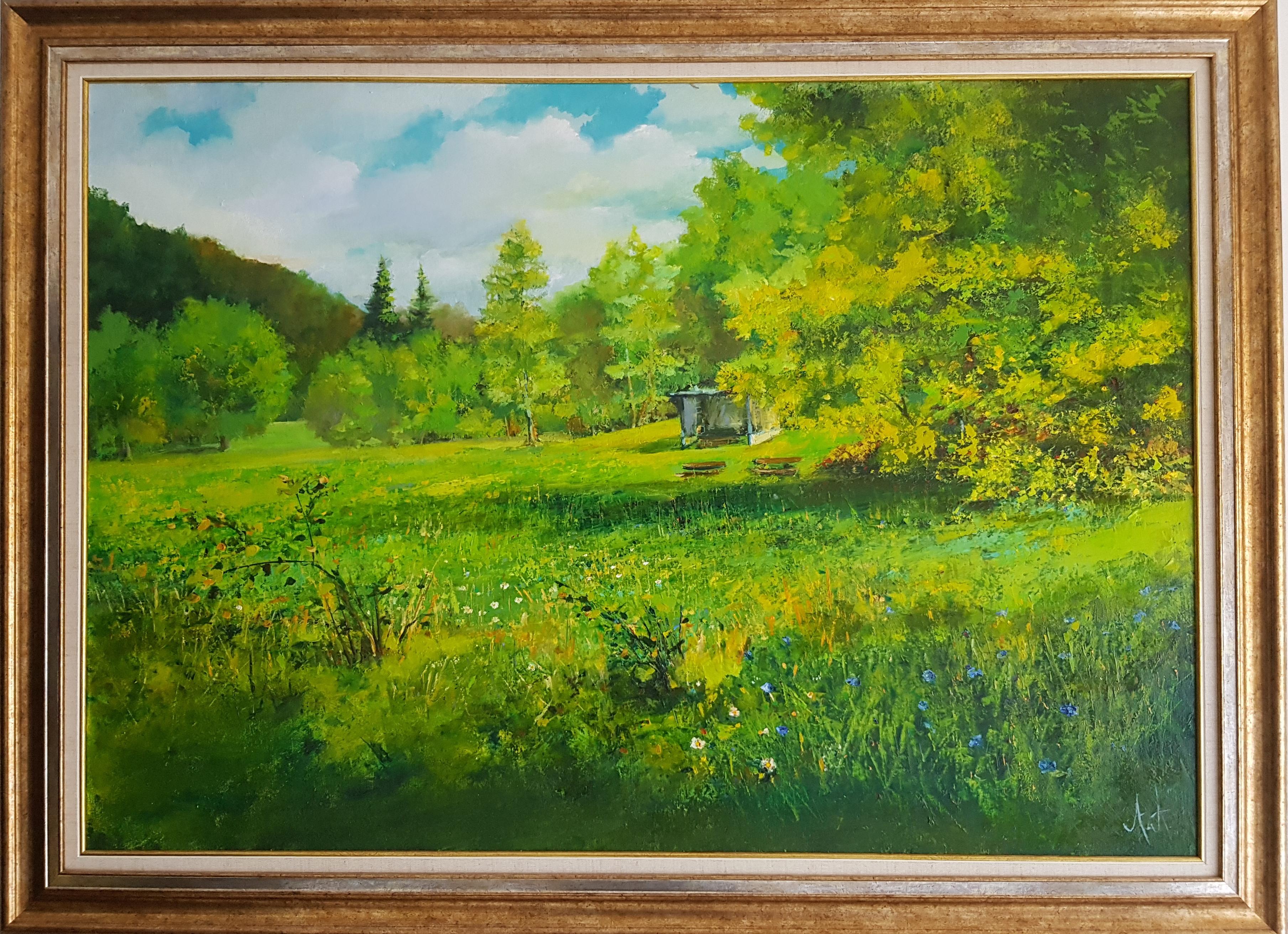 Alexandar Assenov Landscape Painting - First Love - Landscape Oil Painting Green Blue Brown Yellow White
