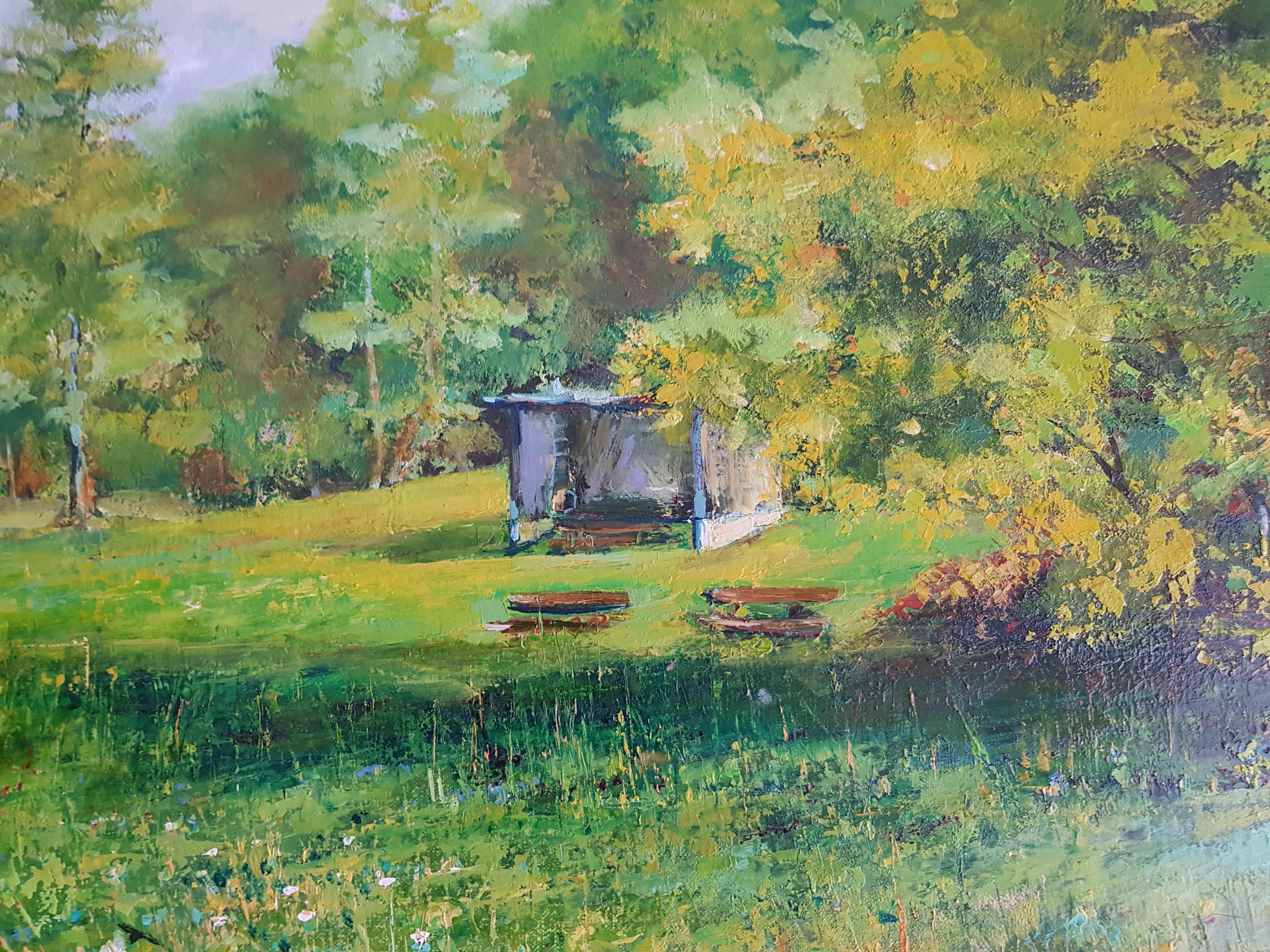Primer Amor - Impresión Paisaje Verde Azul Marrón Amarillo Blanco - Print Impresionista de Alexandar Assenov