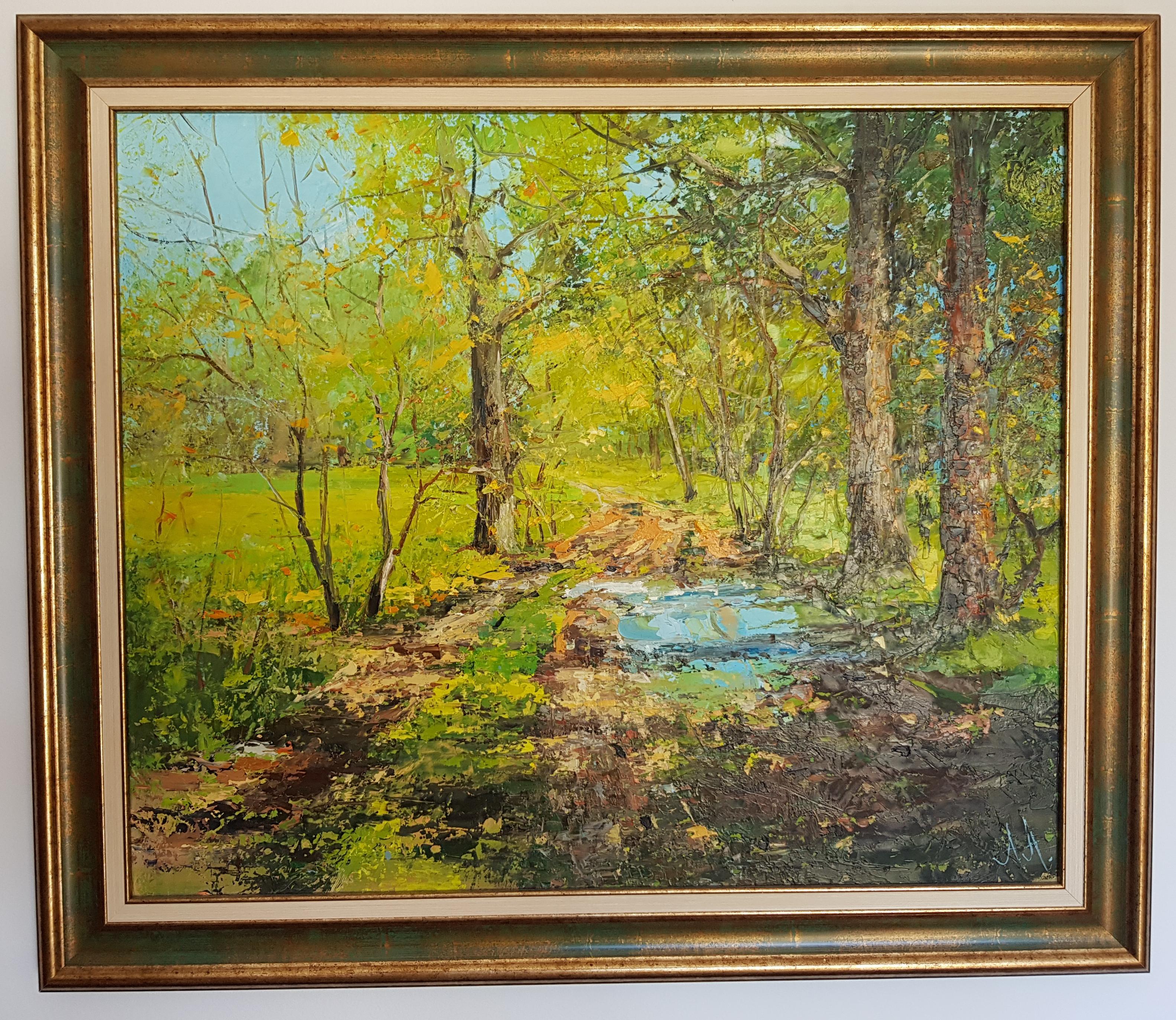 Alexandar Assenov Landscape Painting - Forest - Landscape Oil Painting Green Blue Brown Yellow White