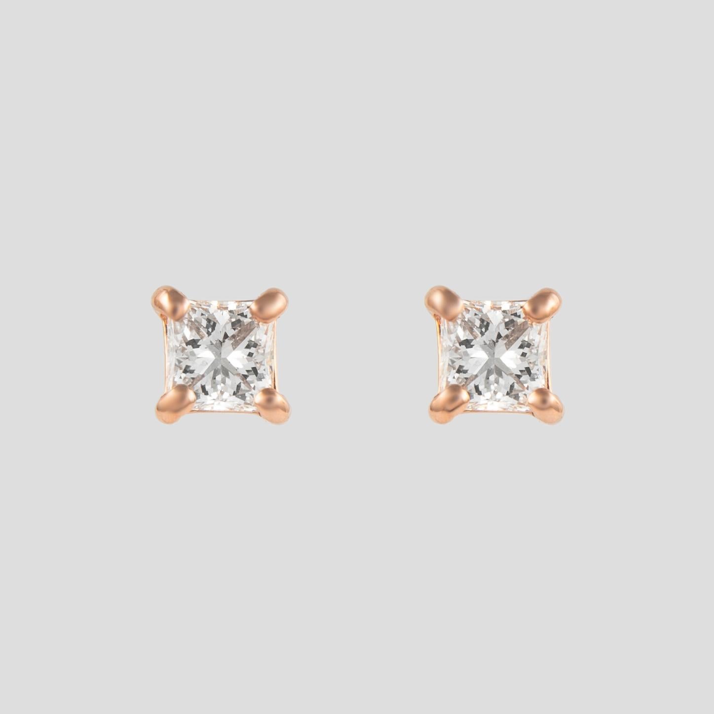 Modern Alexander 0.69 Carat Princess Cut Diamond Stud Earrings Rose Gold