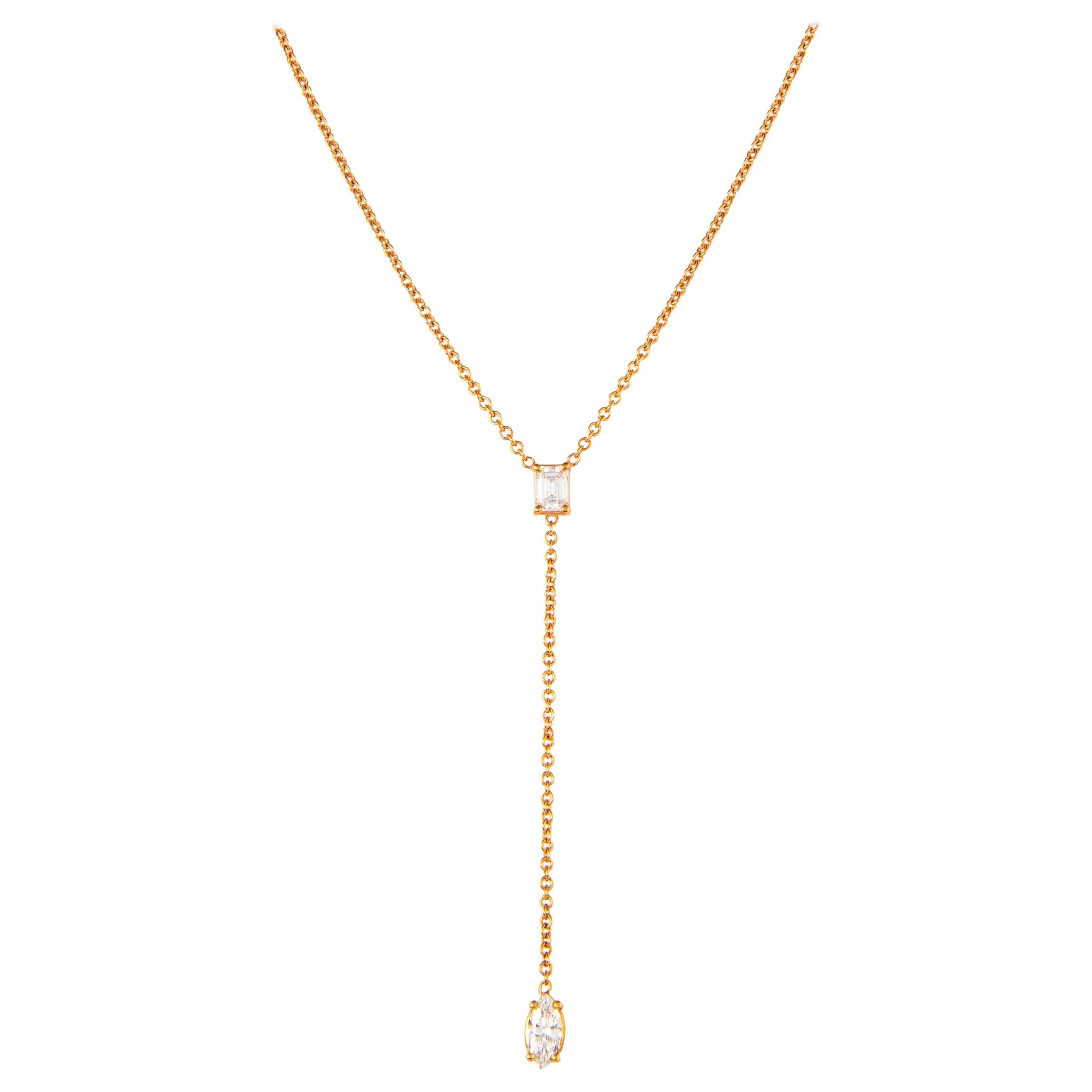 Alexander 0.83 Carat Emerald Cut Diamond Drop Necklace 18 Karat Rose Gold For Sale