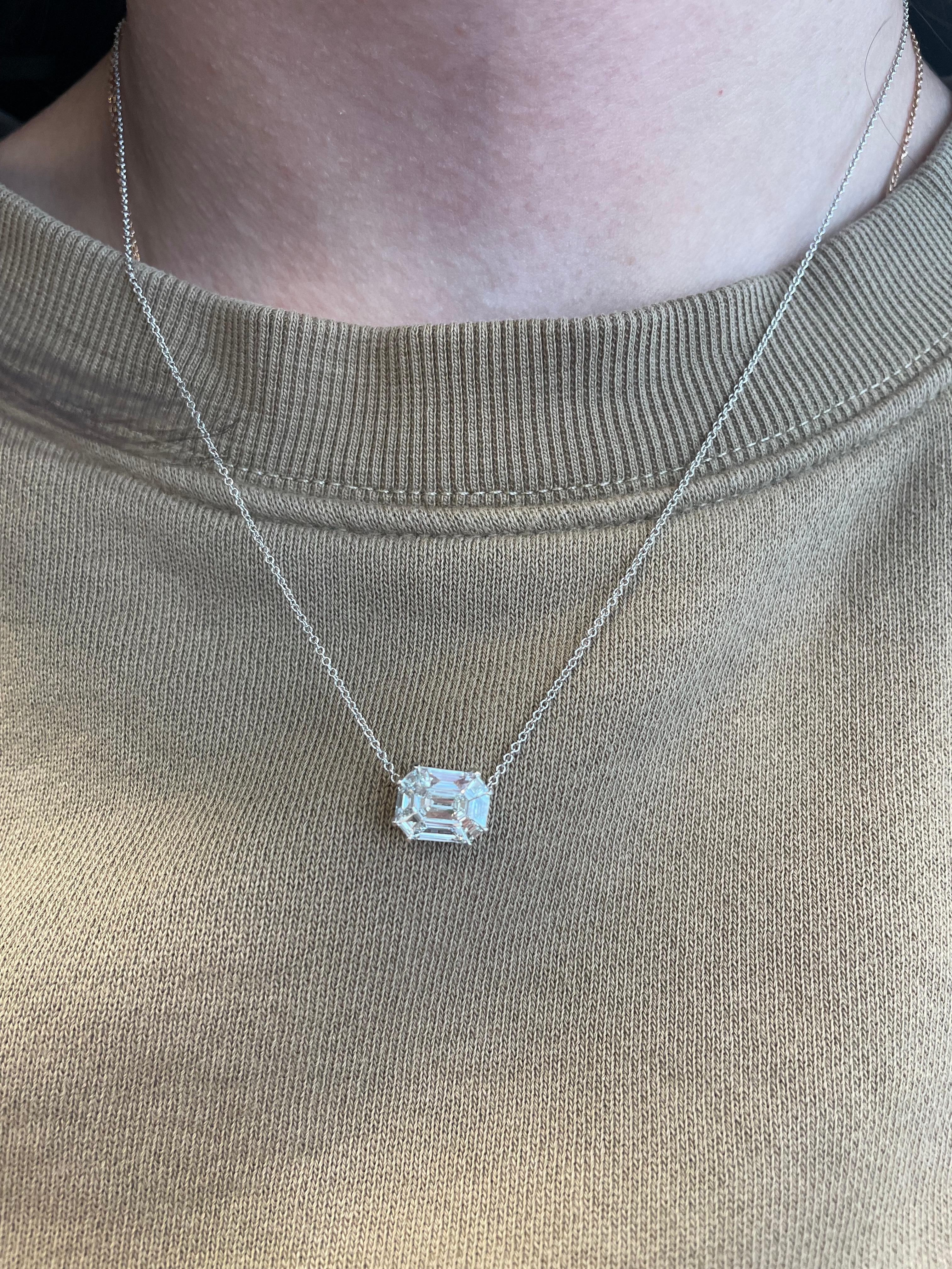 Stunning illusion set diamond pendant necklace, with the look of a 3ct emerald cut diamond. Created by Alexander Beverly Hills.
0.88ct of an emerald cut and trapezoid cut diamonds. Approximately G/H color and VS clarity. 18k white gold, 16