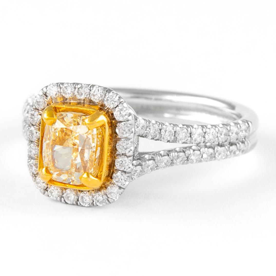 Contemporary Alexander 1.00ct Fancy Intense Yellow Cushion Diamond with Halo Ring 18k For Sale