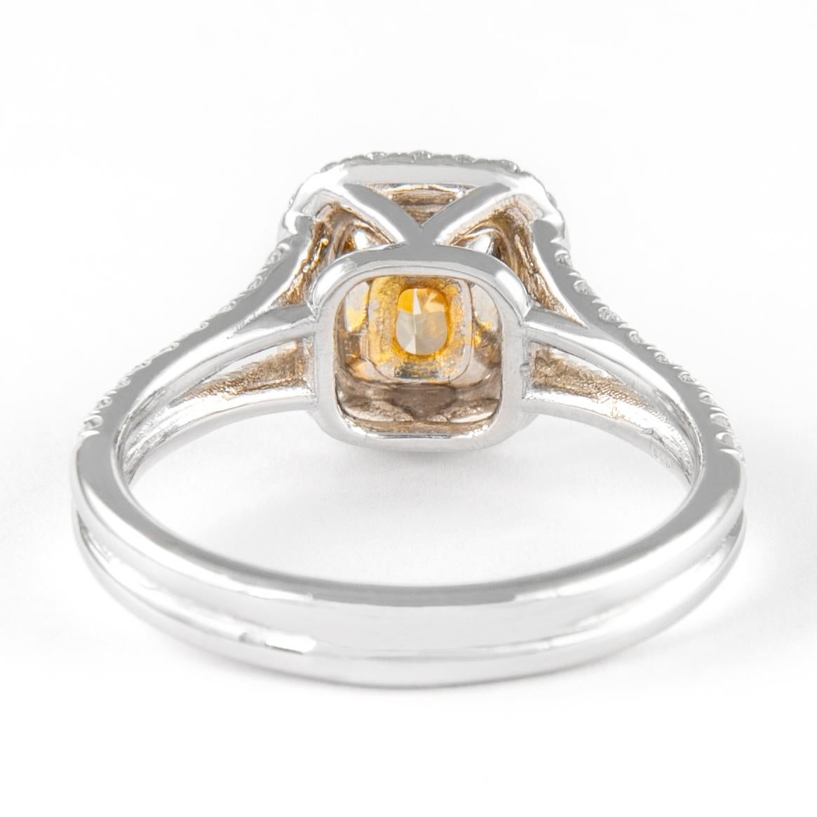 Alexander 1.00ct Fancy Intense Yellow Cushion Diamond with Halo Ring 18k In New Condition For Sale In BEVERLY HILLS, CA