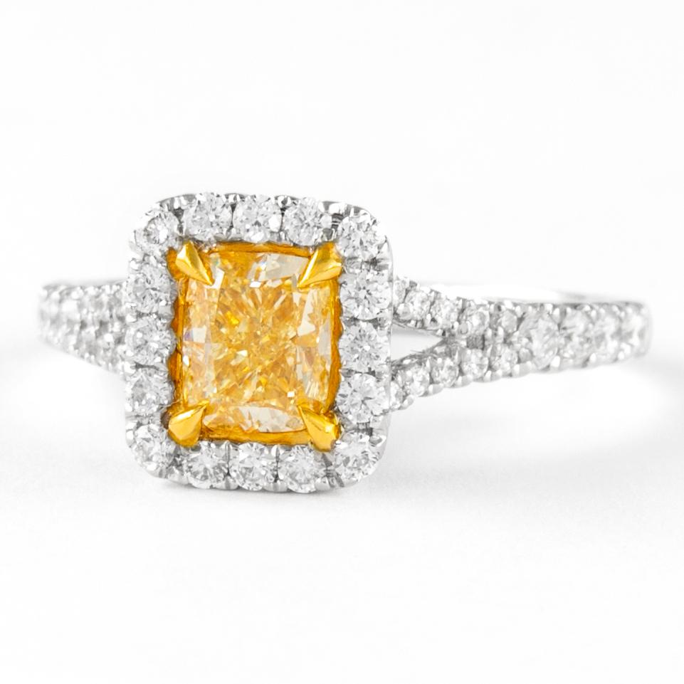 Contemporary Alexander 1.00ct Fancy Intense Yellow Pear Diamond with Halo Ring 18k For Sale
