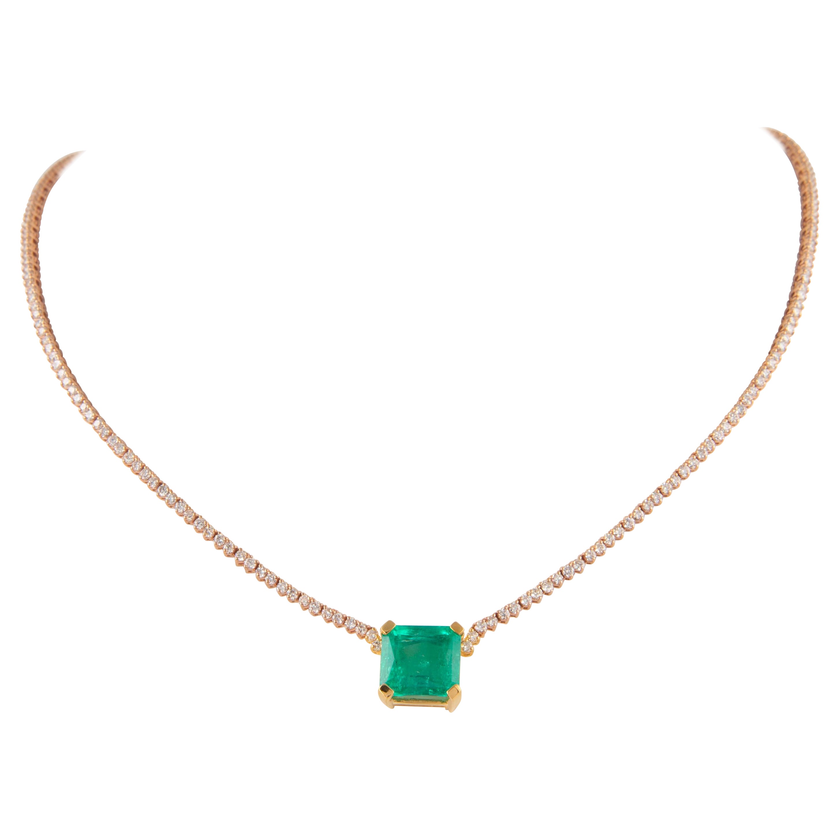 Alexander 10.11ct Colombian Emerald & Diamond Tennis Necklace 18k Gold For Sale
