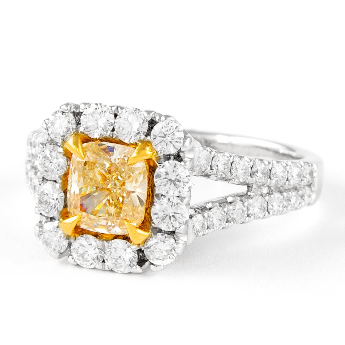 Contemporary Alexander 1.01ct Fancy Intense Yellow Cushion Diamond with Halo Ring 18k For Sale