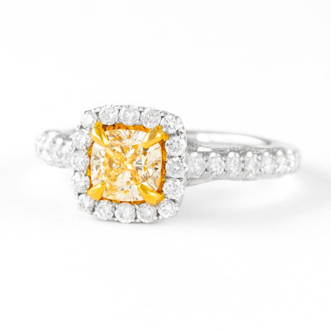Contemporary Alexander 1.01ct Fancy Intense Yellow Cushion Diamond with Halo Ring 18k For Sale