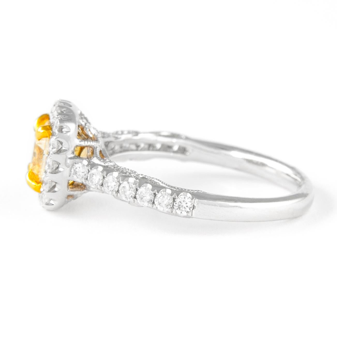 Cushion Cut Alexander 1.01ct Fancy Intense Yellow Cushion Diamond with Halo Ring 18k For Sale