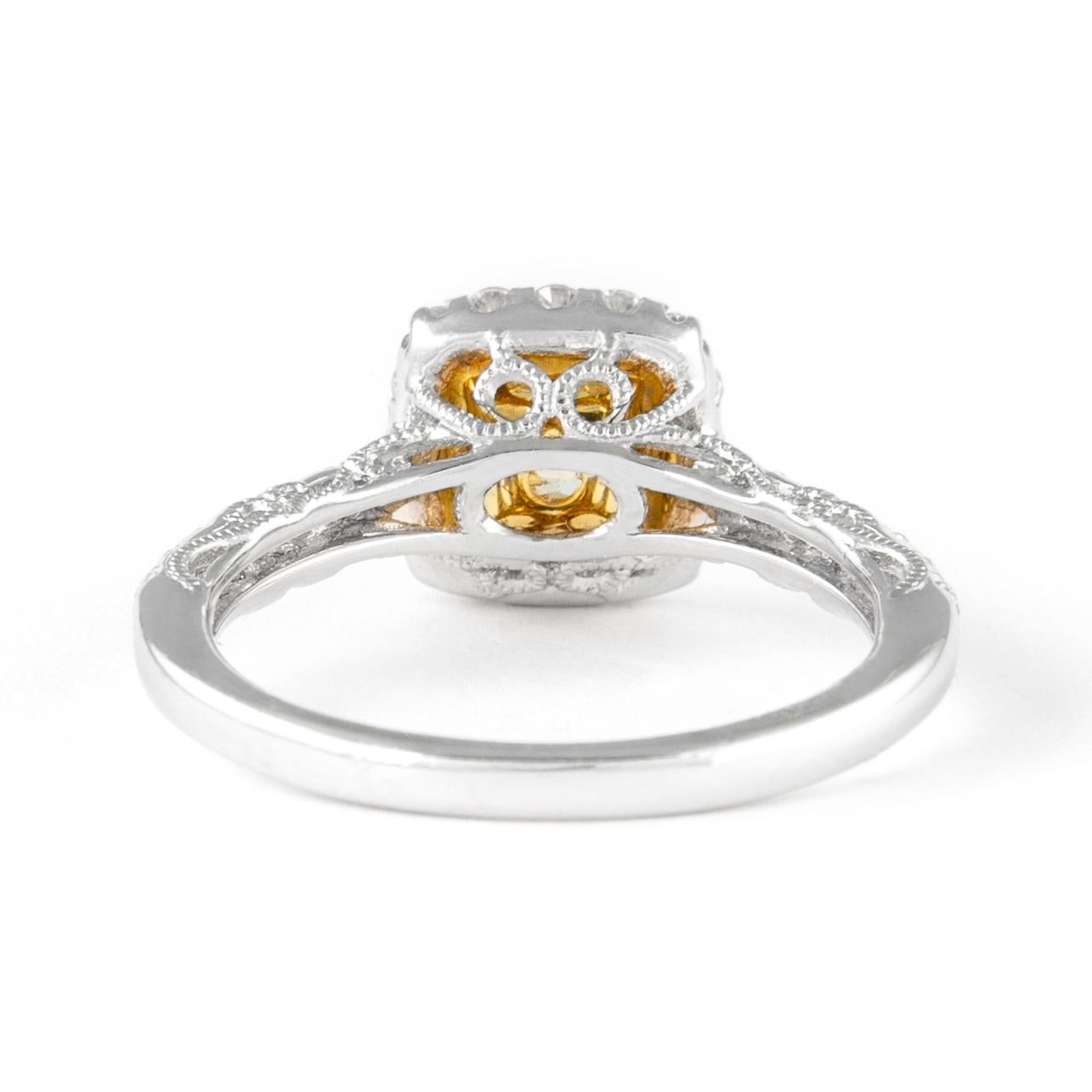 Alexander 1.01ct Fancy Intense Yellow Cushion Diamond with Halo Ring 18k In New Condition For Sale In BEVERLY HILLS, CA