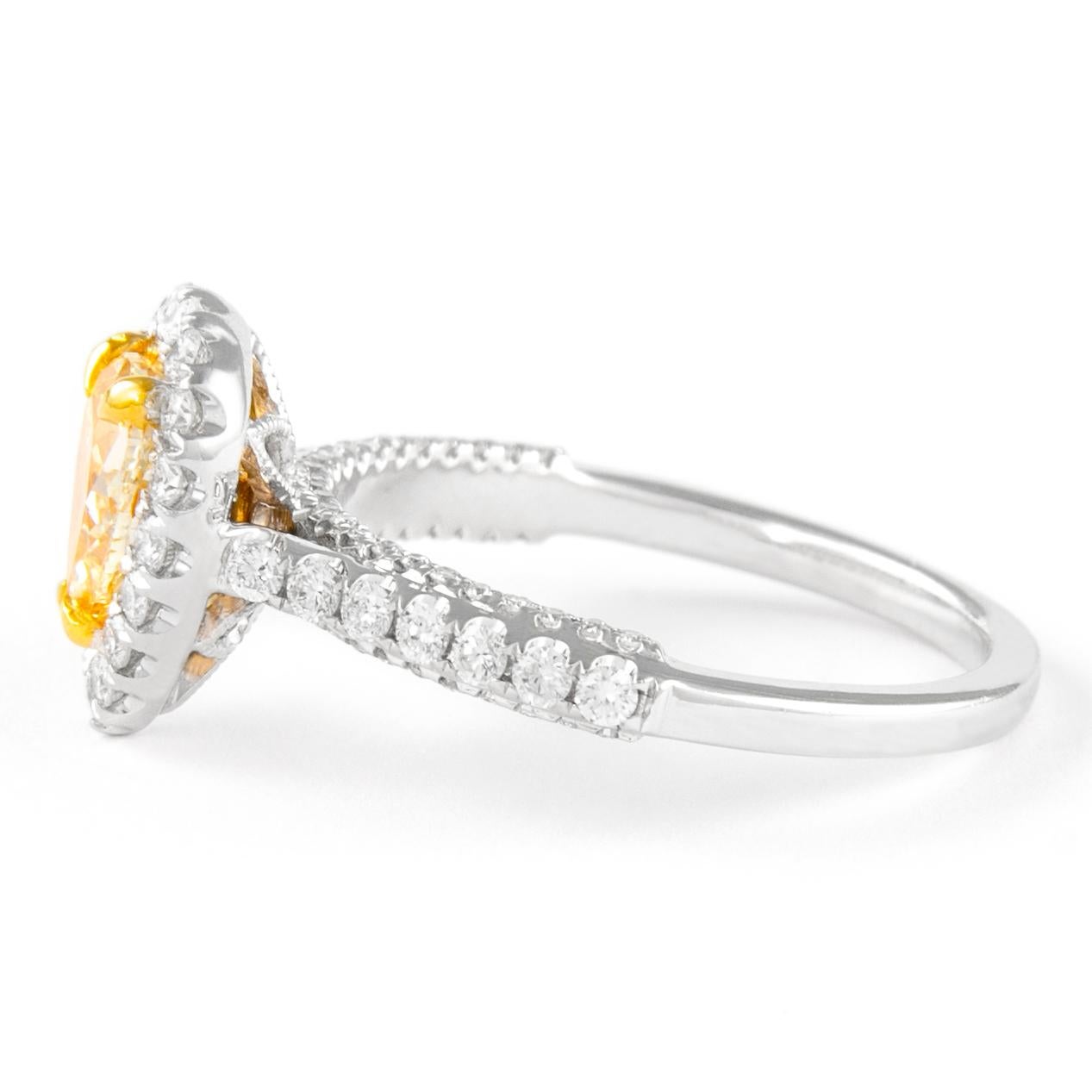 Pear Cut Alexander 1.01ct Fancy Intense Yellow Pear Diamond with Halo Ring 18k For Sale
