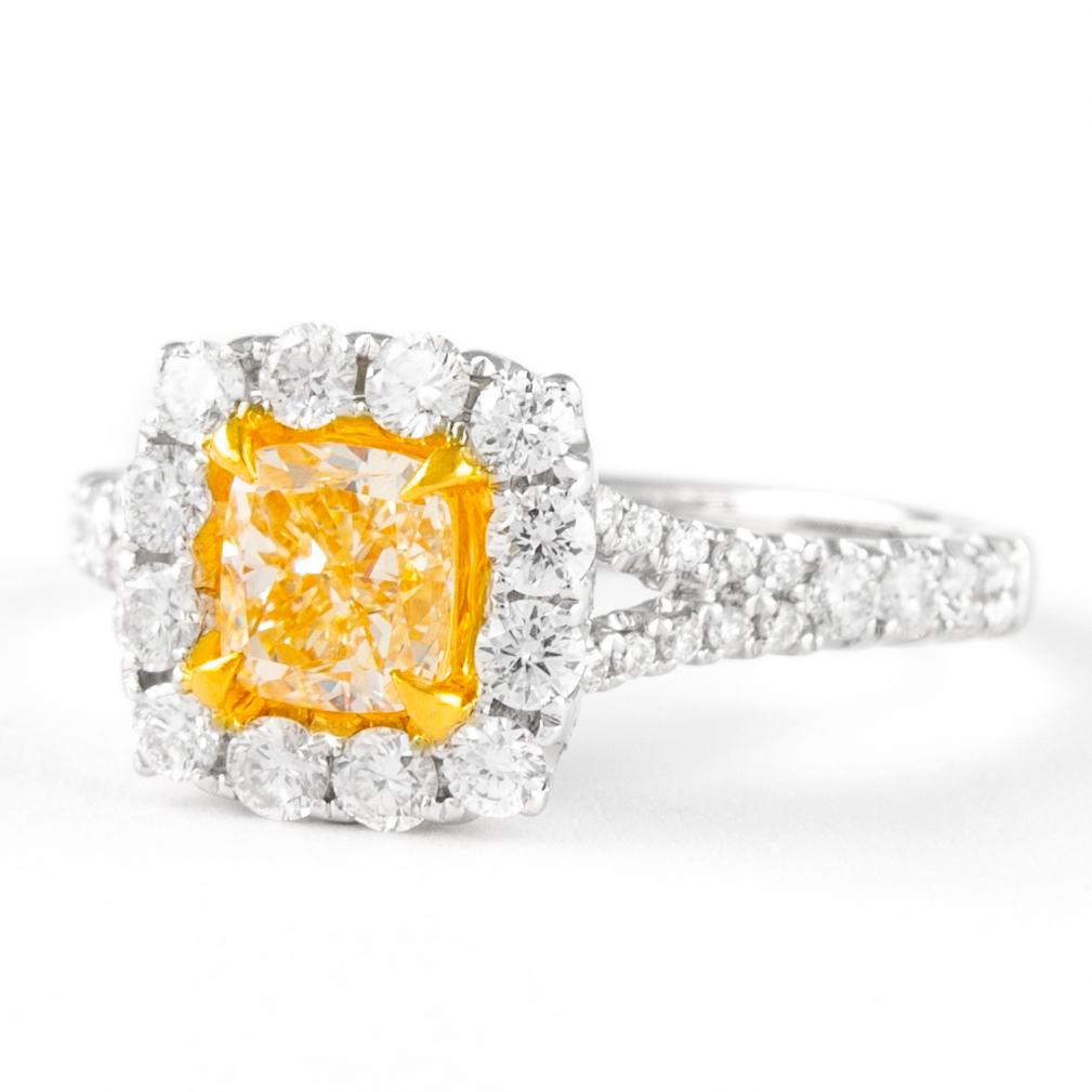 Contemporary Alexander 1.01ct Fancy Intense Yellow VS1 Cushion Diamond with Halo Ring 18k For Sale