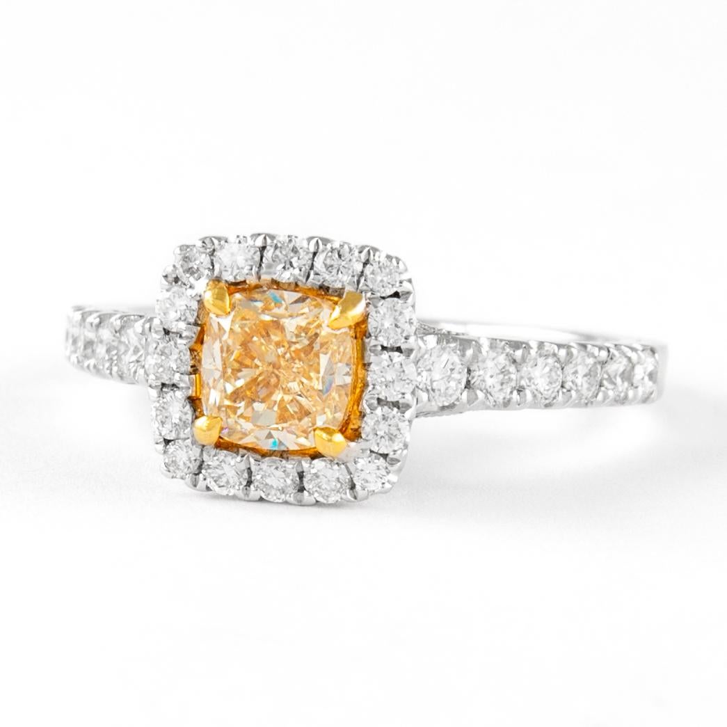 Contemporary Alexander 1.02ct Fancy Intense Yellow Cushion Diamond with Halo Ring 18k For Sale