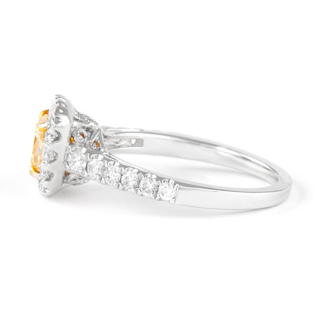 Cushion Cut Alexander 1.02ct Fancy Intense Yellow Cushion Diamond with Halo Ring 18k For Sale