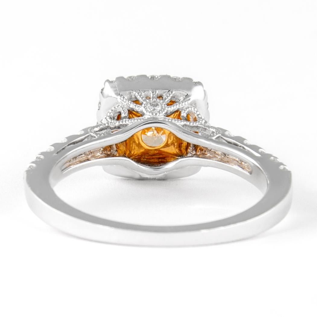Alexander 1.02ct Fancy Intense Yellow Cushion Diamond with Halo Ring 18k In New Condition For Sale In BEVERLY HILLS, CA