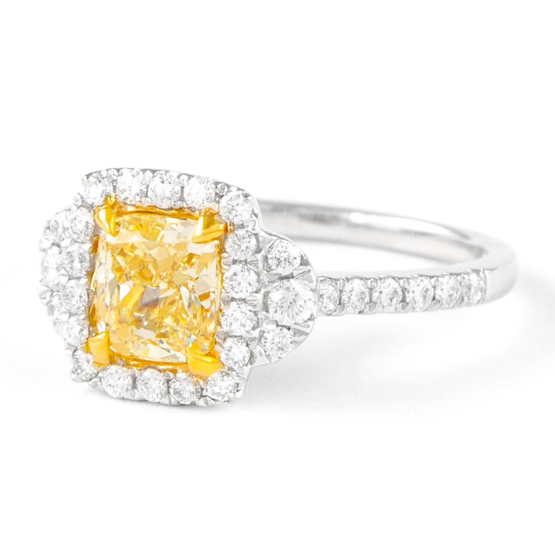 Contemporary Alexander 1.07ct Fancy Intense Yellow Cushion Diamond with Halo Ring 18k For Sale