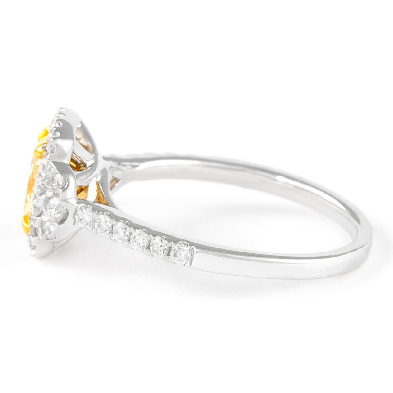 Cushion Cut Alexander 1.07ct Fancy Intense Yellow Cushion Diamond with Halo Ring 18k For Sale