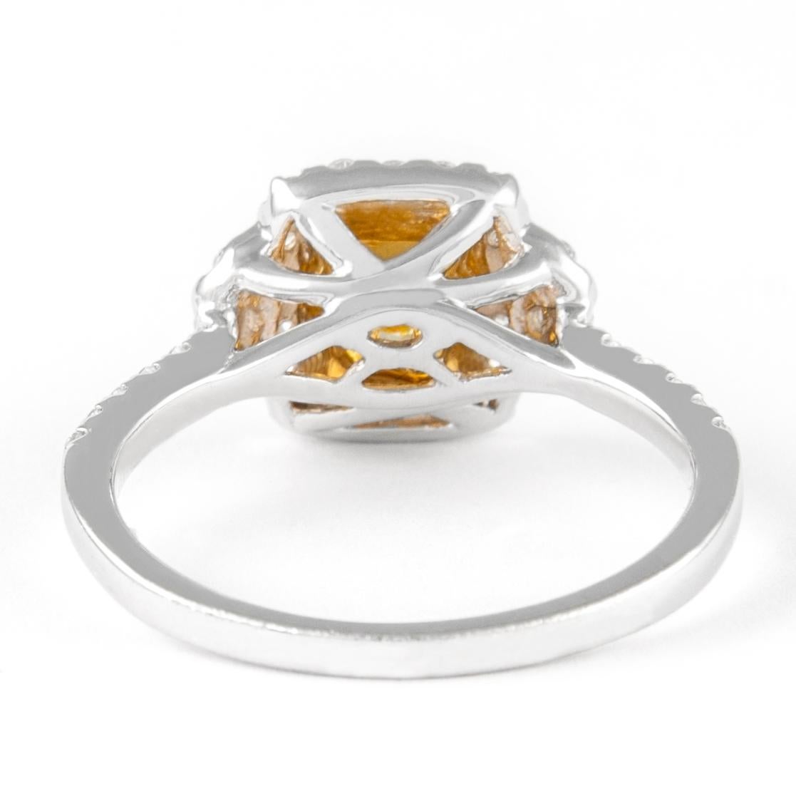 Alexander 1.07ct Fancy Intense Yellow Cushion Diamond with Halo Ring 18k In New Condition For Sale In BEVERLY HILLS, CA