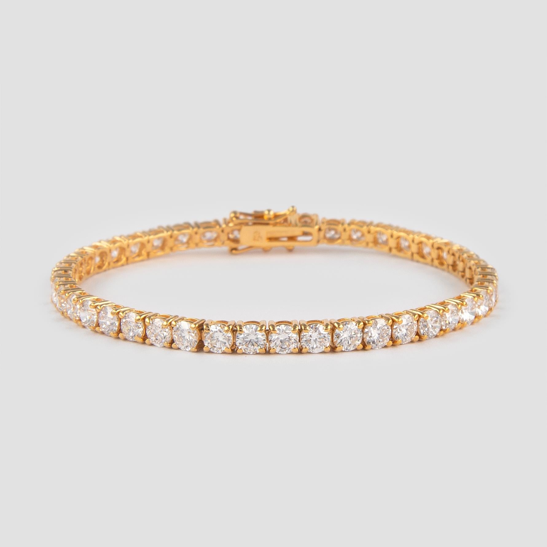 Round Cut Alexander 10.87 Carat Diamond Tennis Bracelet 18 Karat Yellow Gold For Sale