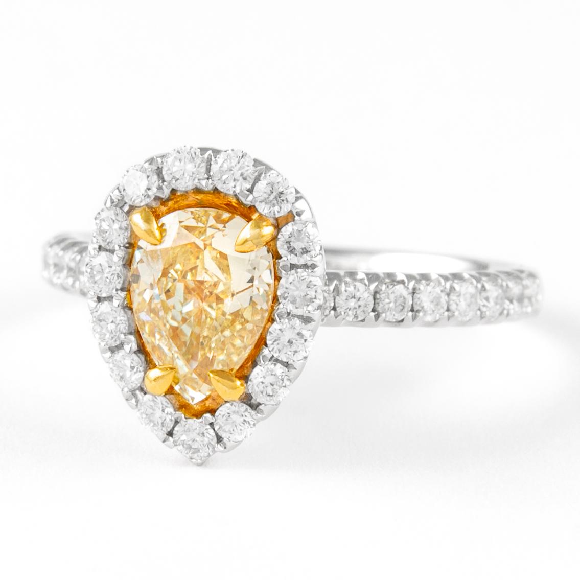 Contemporary Alexander 1.08ct Fancy Intense Yellow Pear Diamond with Halo Ring 18k For Sale