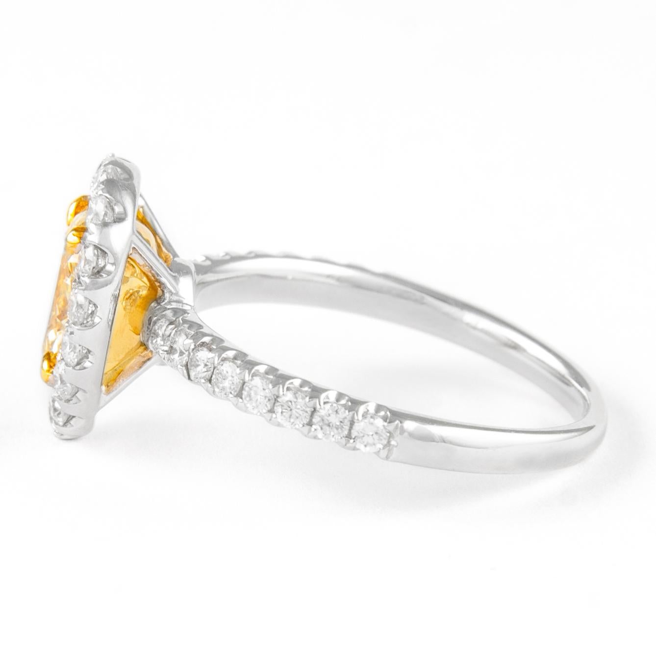 Pear Cut Alexander 1.08ct Fancy Intense Yellow Pear Diamond with Halo Ring 18k For Sale