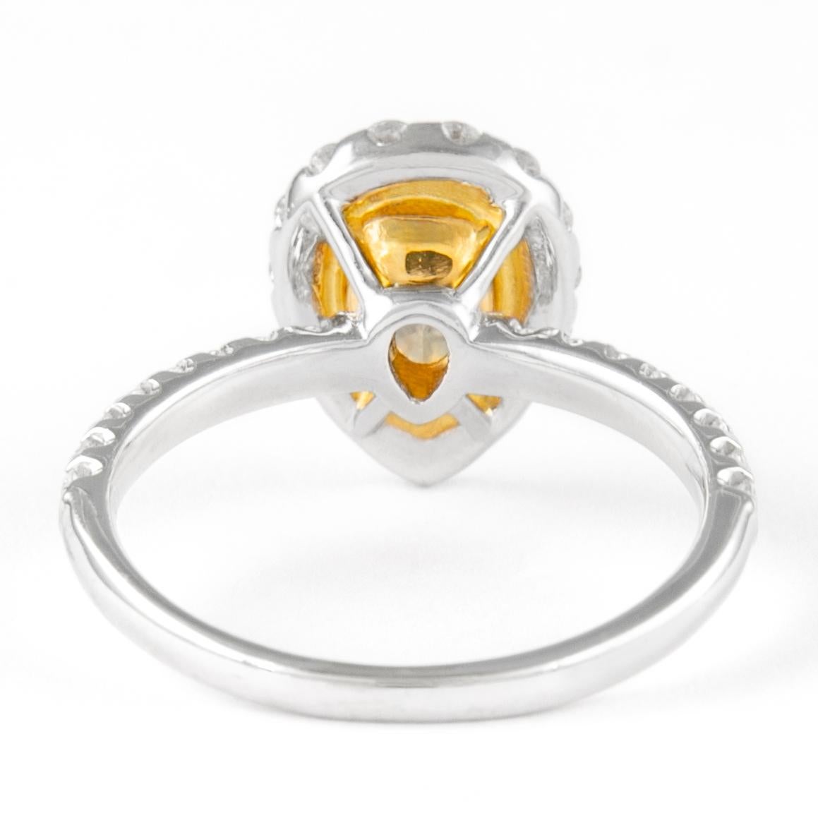 Alexander 1.08ct Fancy Intense Yellow Pear Diamond with Halo Ring 18k In New Condition For Sale In BEVERLY HILLS, CA