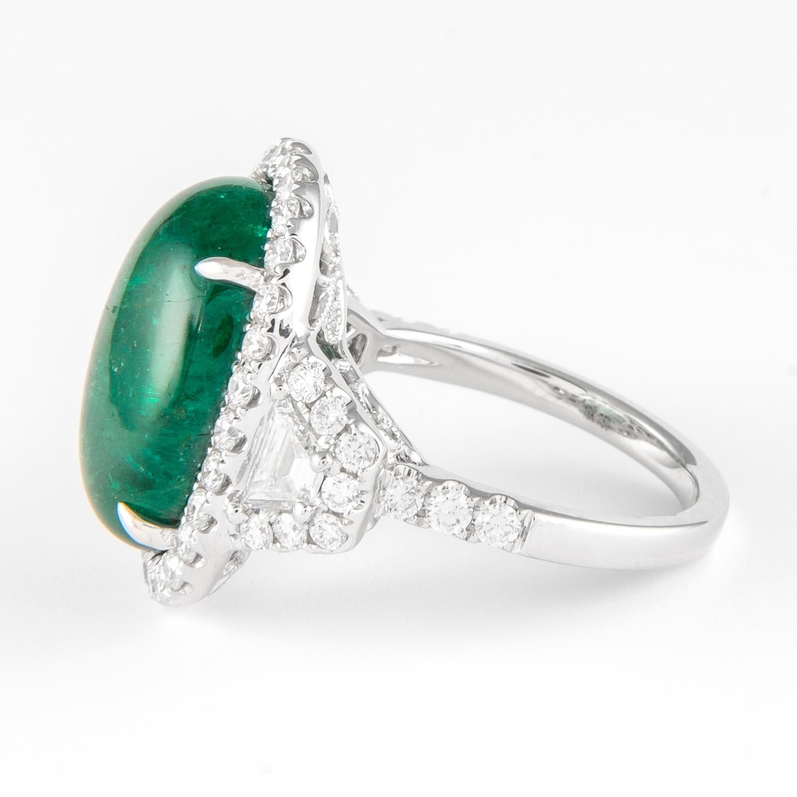 Alexander GIA 11.42ct Emerald with Diamond Three Stone Halo Ring 18 Karat Gold In New Condition For Sale In BEVERLY HILLS, CA