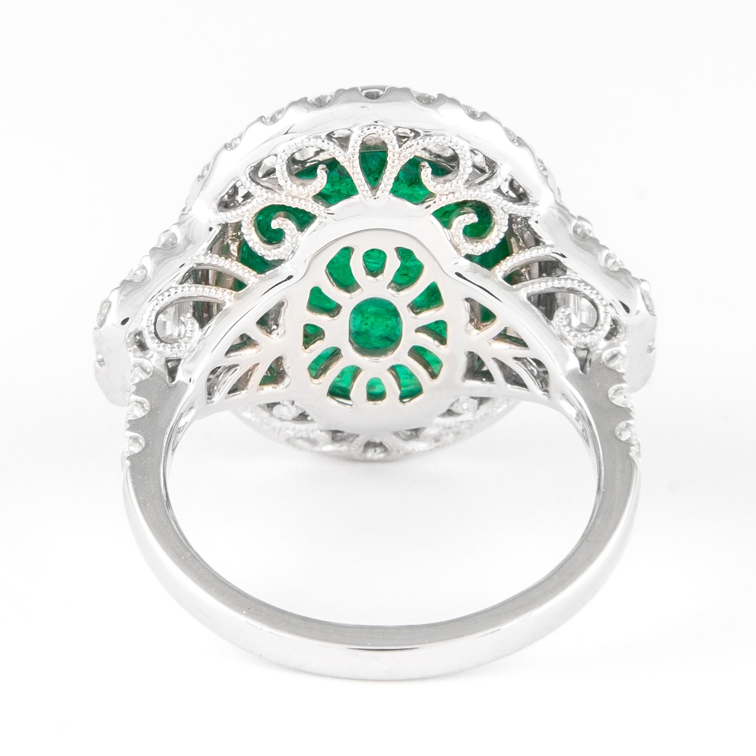 Women's Alexander GIA 11.42ct Emerald with Diamond Three Stone Halo Ring 18 Karat Gold For Sale