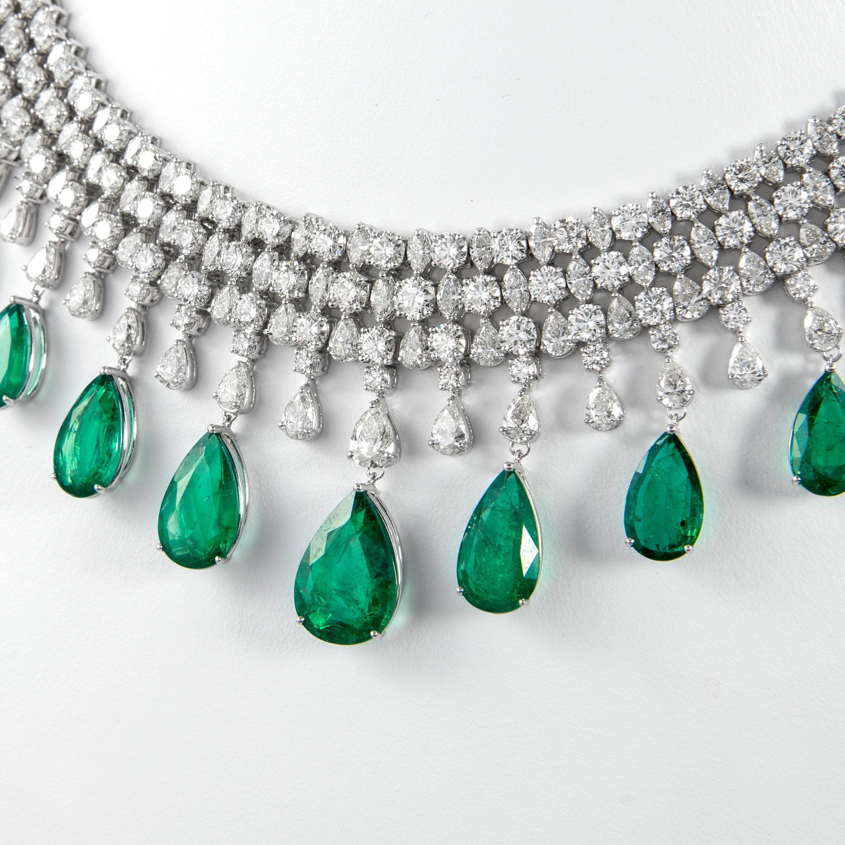 Contemporary Alexander 114.87ct Emerald & Diamond Necklace 18k White Gold