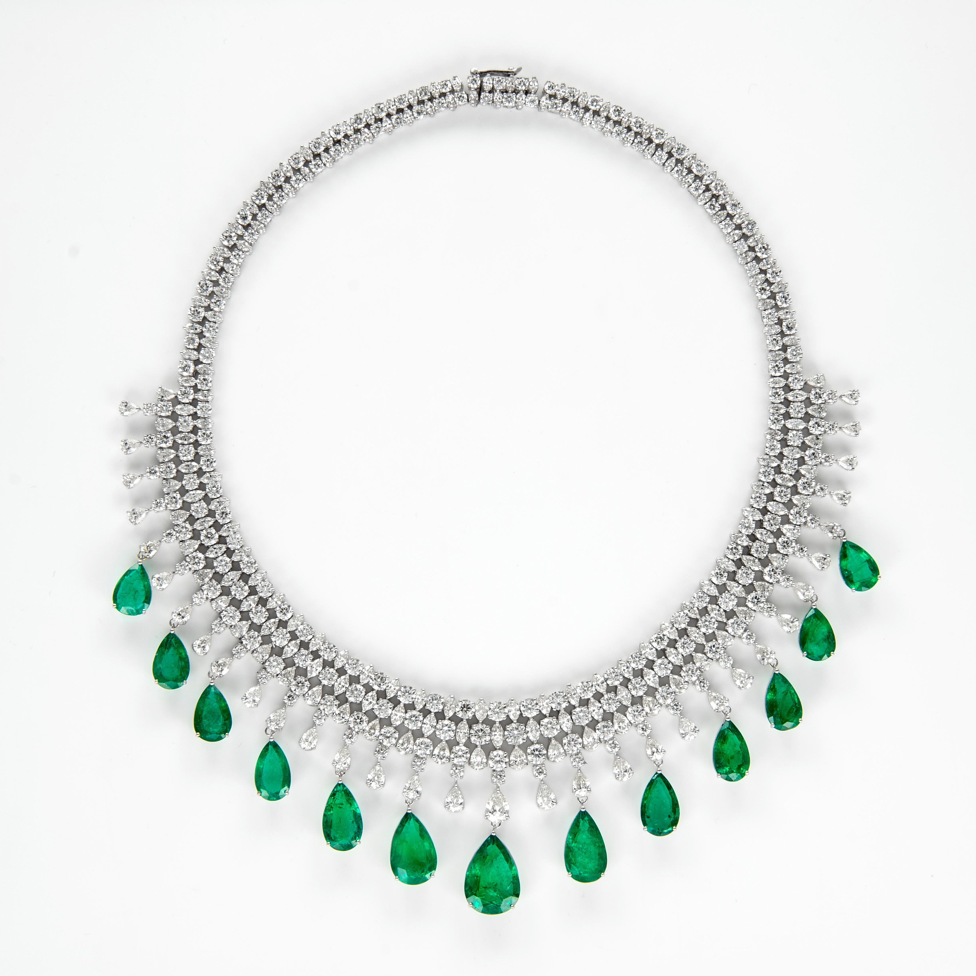 Pear Cut Alexander 114.87ct Emerald & Diamond Necklace 18k White Gold