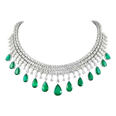 108.94ct Pear Shape Emerald and Diamond Necklace 18k White Gold For ...