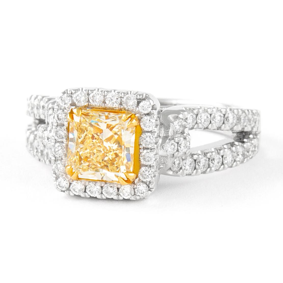 Contemporary Alexander 1.19ct Fancy Intense Yellow Radiant Diamond with Halo Ring 18k For Sale